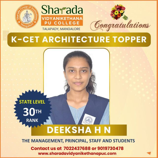 Deeksha H N, K-CET architecture topper with State 30th Rank