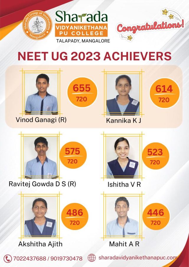 NEET UG 2023 achievers from Sharada Vidyanikethana PU College