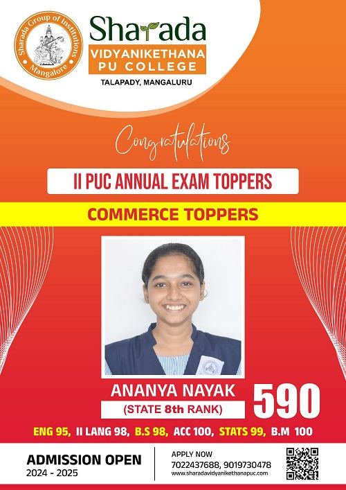 Ananya Nayak, II PUC Commerce, State 8th Rank with 590 marks