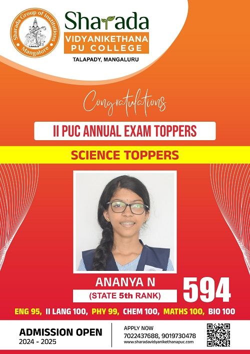 Ananya N, II PUC Science, State 5th Rank with 594 marks