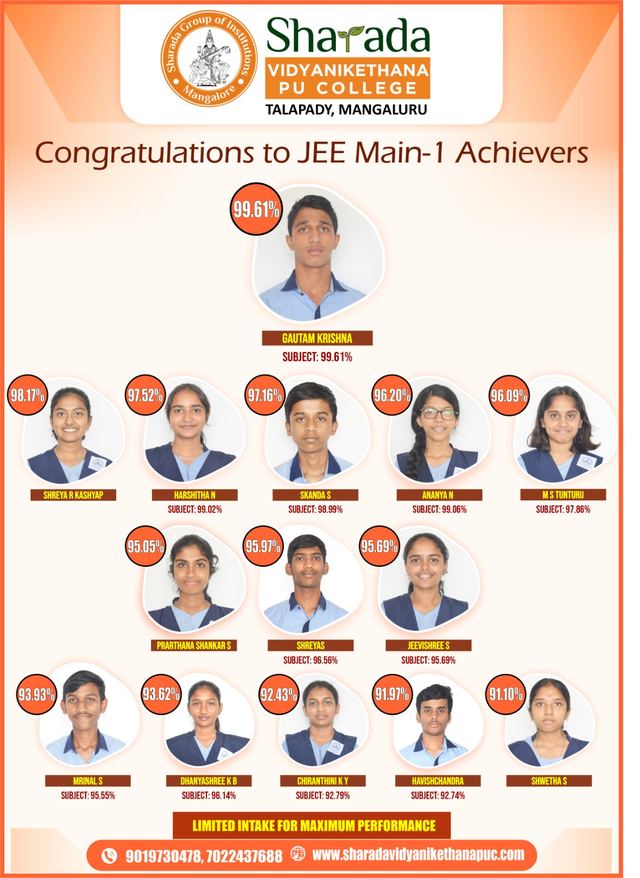 JEE Main Session 1 achievers from Sharada Vidyanikethana PU College
