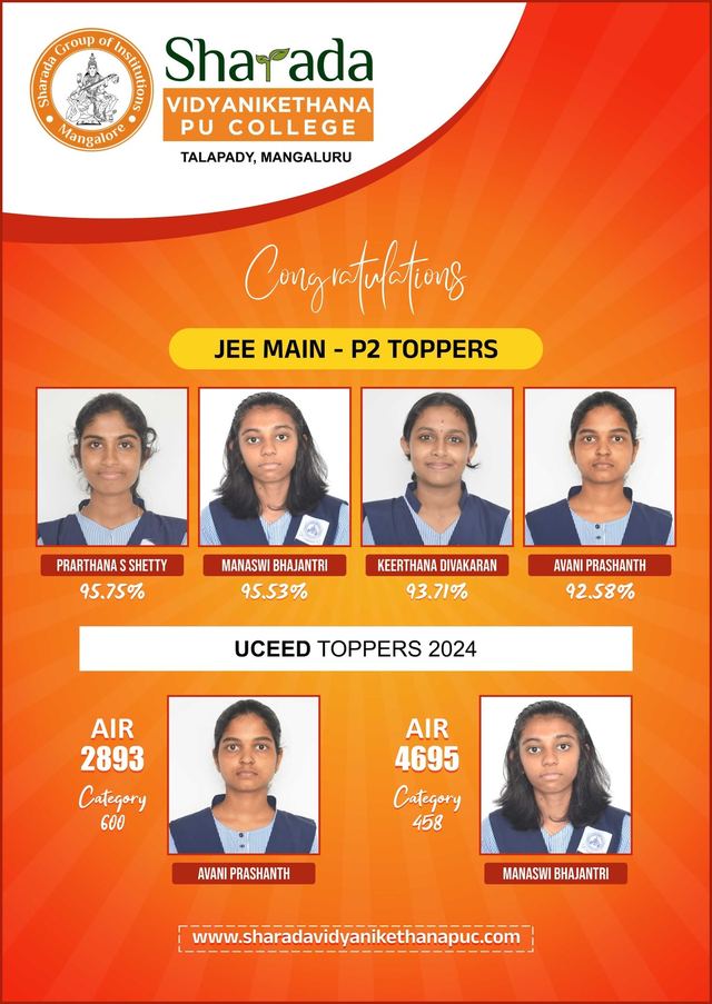 JEE Main Paper 2 and UCEED 2024 toppers from Sharada Vidyanikethana