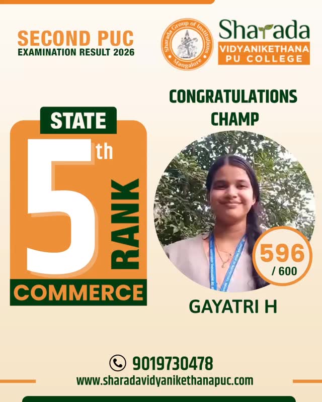 Gayatri H, II PUC 2026 State 5th Rank, Commerce, 596/600