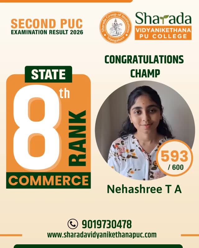Nehashree T A, II PUC 2026 State 5th Rank, Commerce, 596/600